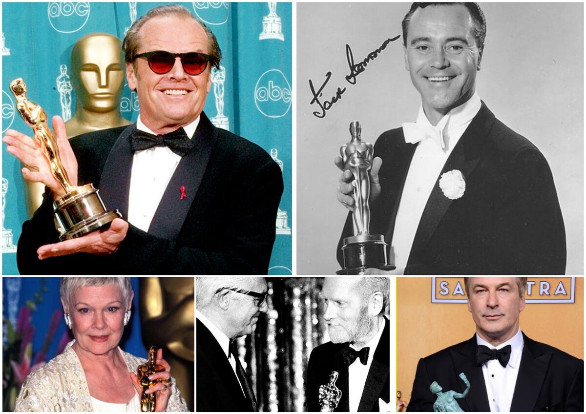 Джек Николсон, Джек Леммон, Джуди Денч, Лоуренс Оливье и Алек Болдуин. Фото взяты: ew.com, liveinternet.ru, oscars.fandom.com, pinterest.ca, justjared.com