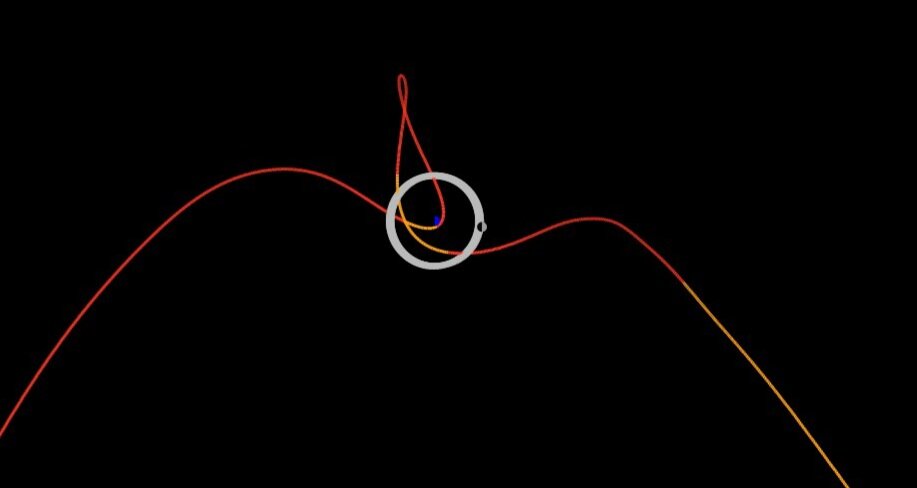 Траектория движения 2020 SO. В центре  – момент сближения с Землей.