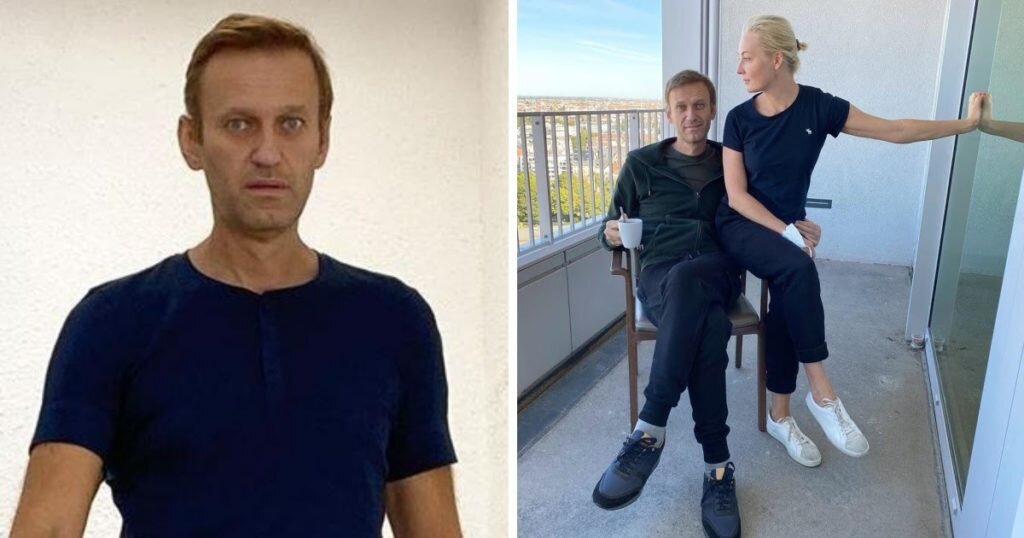 Навальный с супругой Юлией через несколько дней после выхода из комы на балконе больнице "Шарите" в Берлине.