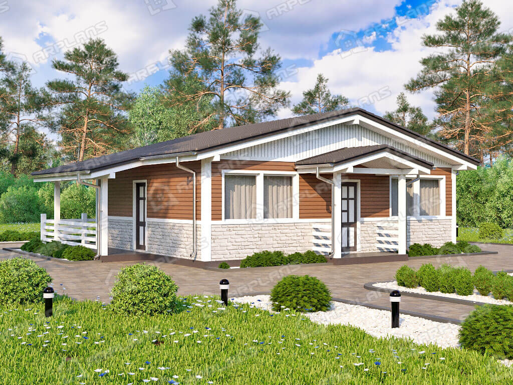 Фото 1 одноэтажного каркасного дома с 3 спальнями и террасой. 70 кв м. Источник arplans.ru Проект И-016