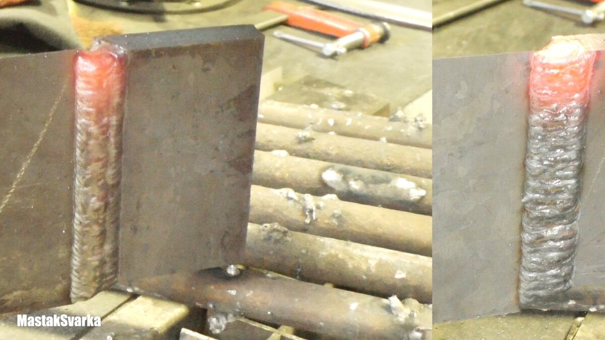 Слева многопроходная сварка, справа за один проход