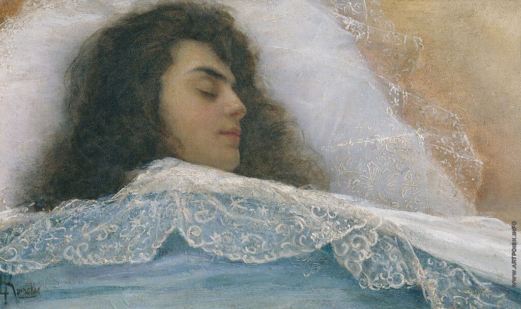 "Спящая" - одна из самых знаменитых работ Софьи Крамской. Только взгляните на удивительное, тончайшее кружево постельного белья, с таким талантом выписанное художницей!