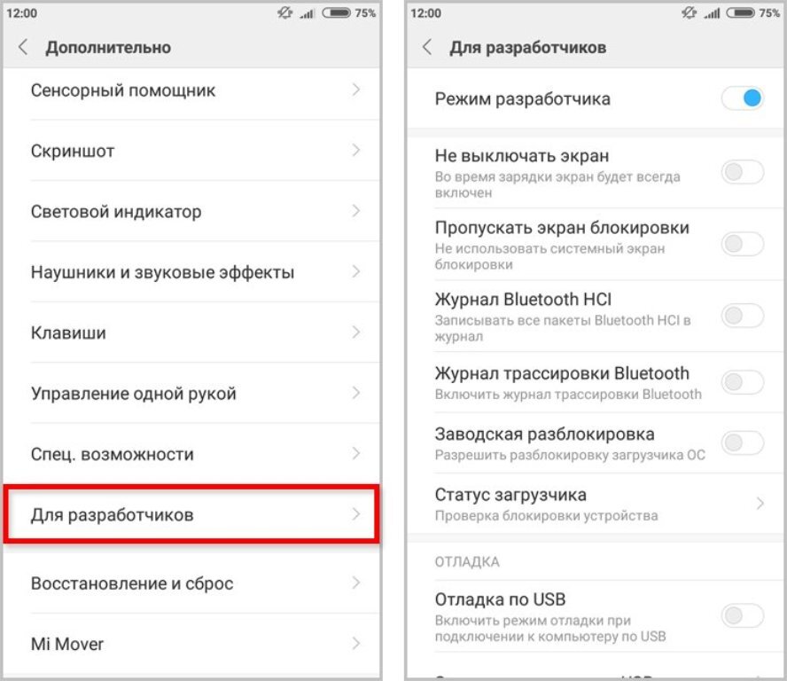 Меню для разработчиков на Xiaomi