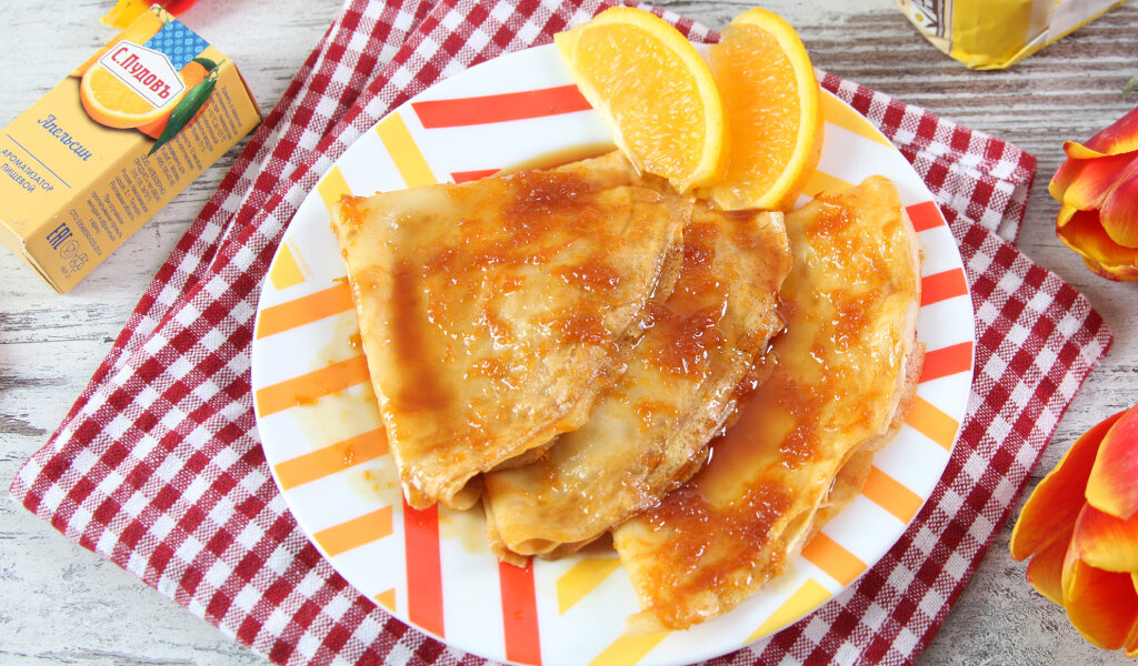 Для канала С.Пудовъ: Рецепт: Десертные блинчики с апельсиновой карамелью с апельсиновым ароматизатором