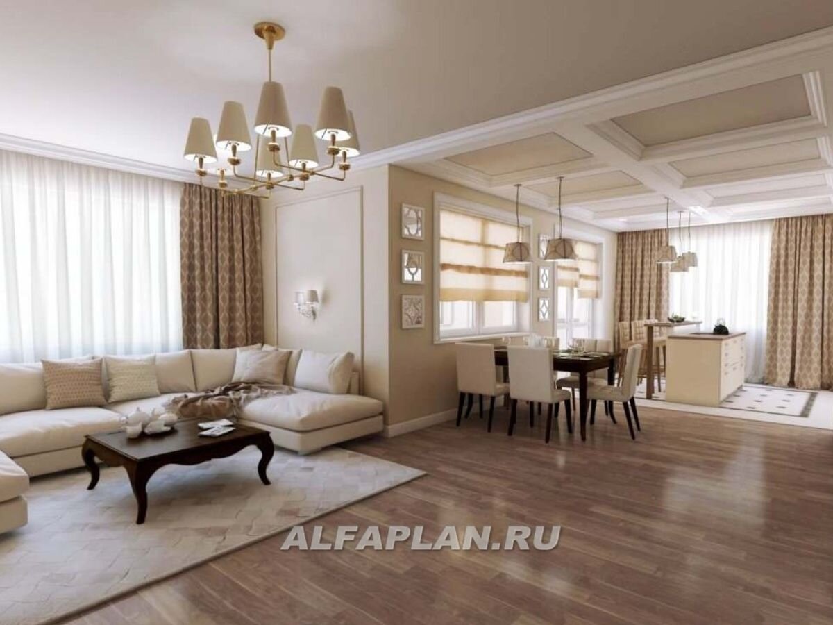 Гостиная - столовая в доме, построенном по проекту 149А "Маленький принц" https://www.alfaplan.ru/catalog/item_2215