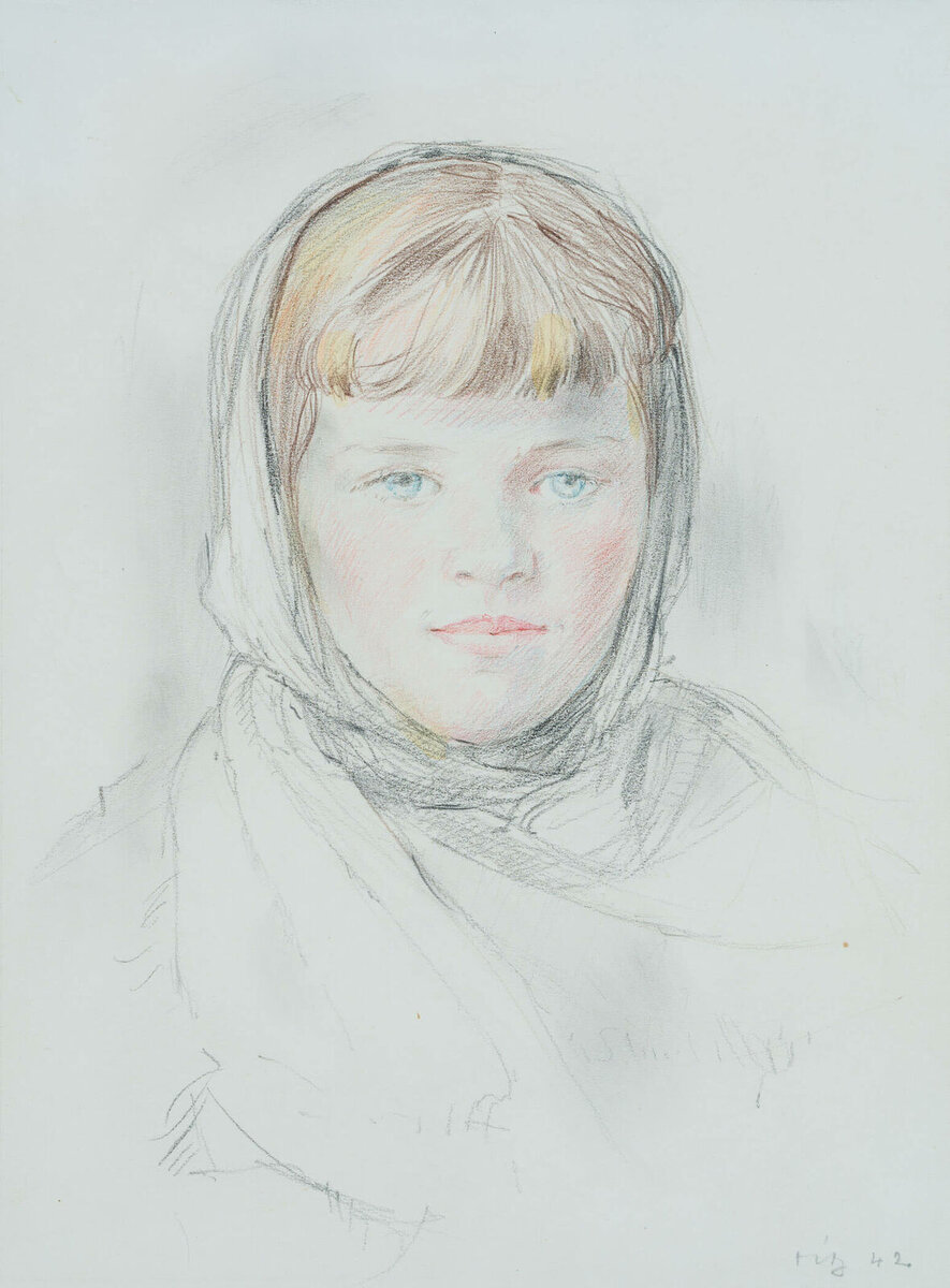 DIEZ, Brustportrait eines Mädchens mit Kopftuch aus Lokot, 1942, Buntstift