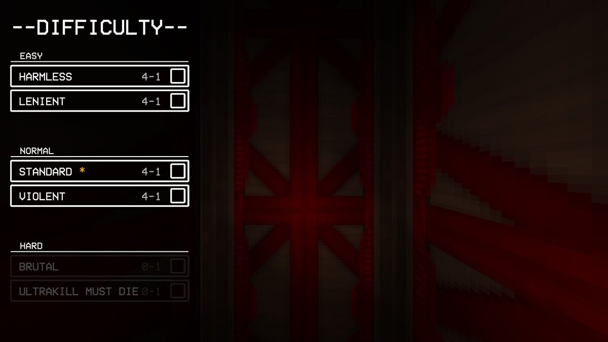 На выбор нам дают аж 6 уровней сложности, однако последние два все ещё в разработке и выбрать их пока нельзя. Видимо разработчик хочет, чтобы игру могли попробовать абсолютно все. Сложности идут от самой простой, где мы можем впитывать урон и даже не замечать этого до сложной, где отлететь наш персонаж может с одной тычки.