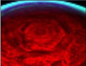 Фотография NASA. Cassini spacecraft photograph of the hexagonal cloud circling the north pole of Saturn. All NASA photos are in the public domain.