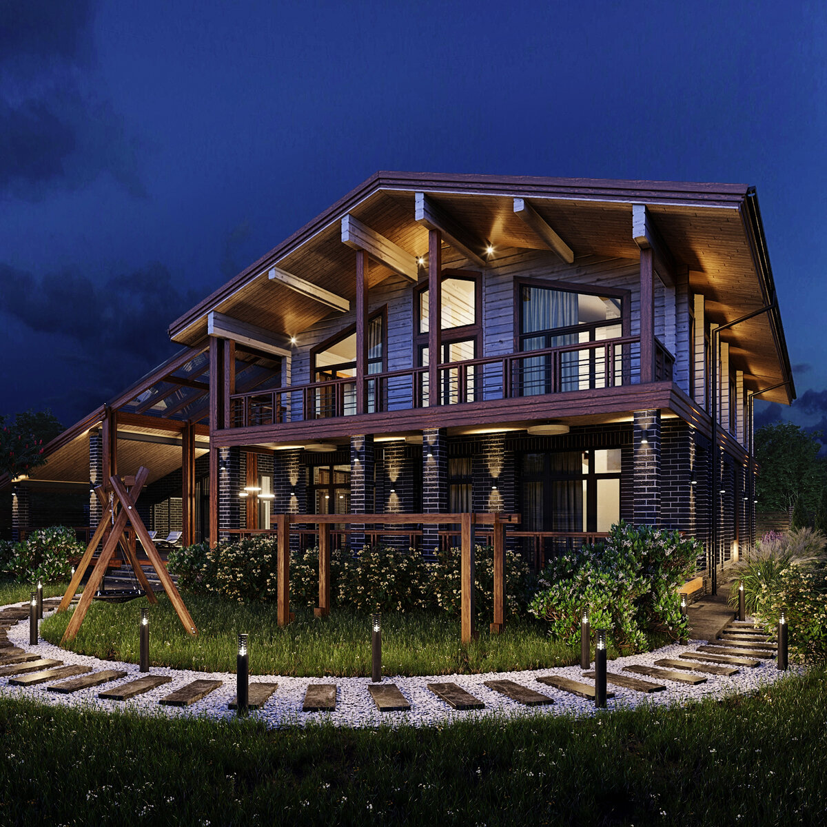 В этом проекте мы использовали подсветку очень деликатно. Подсветили простенки на первом этаже  и подшив кровли