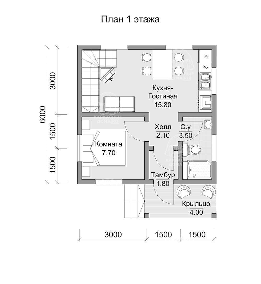 Планировка 1 этажа - каркасный дом 7,5x6 - Апатит