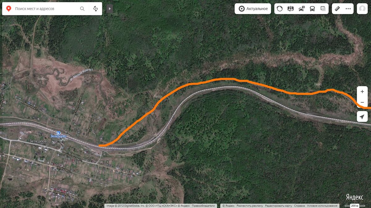 Траектория бывшей железной дороги в районе п. Зеледеево, Красноярский край