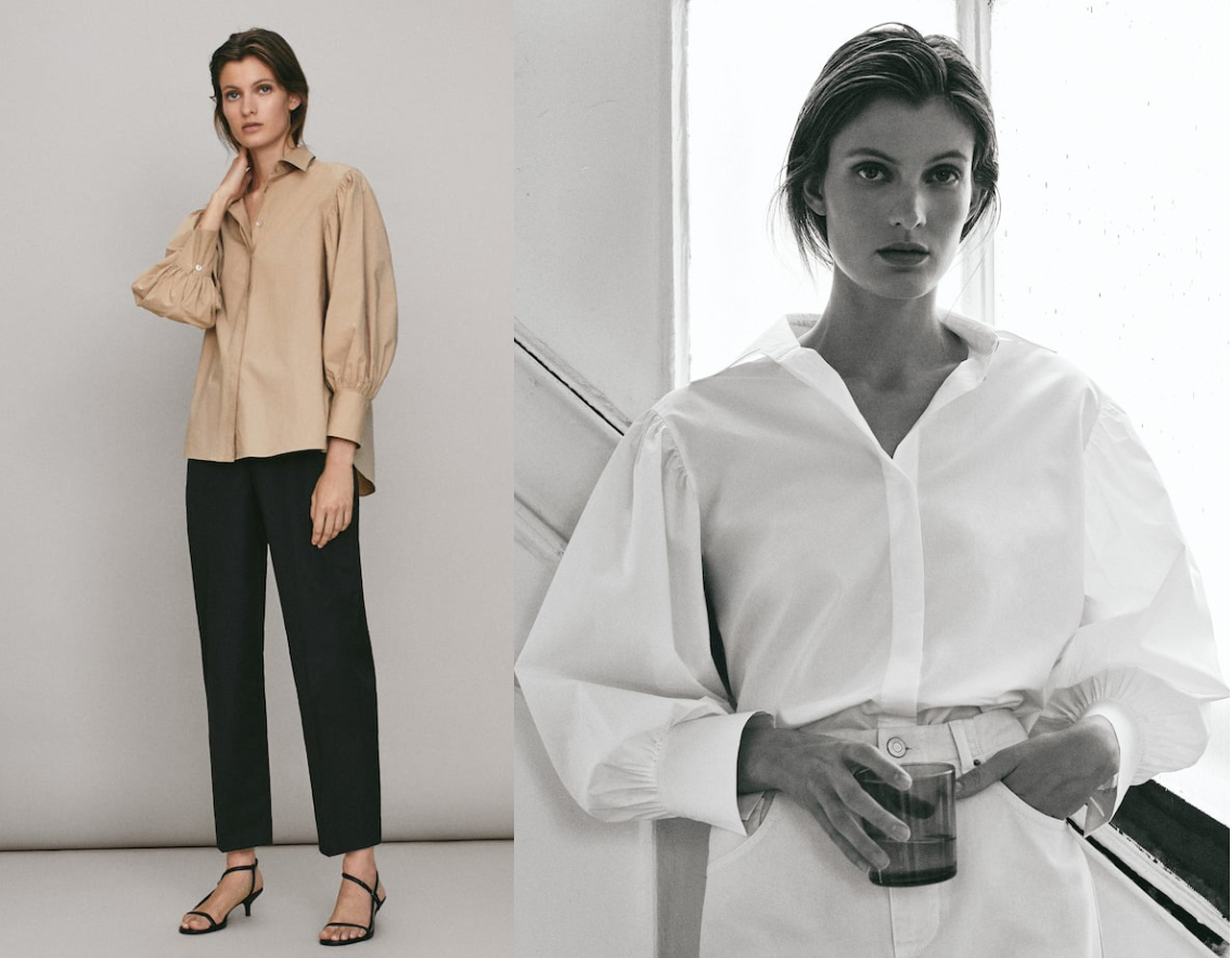 БЛУЗА ОБЪЕМНОГО КРОЯ ИЗ ПОПЛИНА 6,490 РУБ. Ref. 5100/556. ХЛОПОК 100%. Фото для коллажа взято с сайта https://www.massimodutti.com/ru/