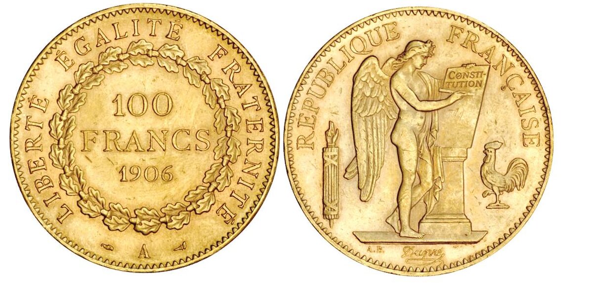 Золотая монета 100 франков 1906 года 