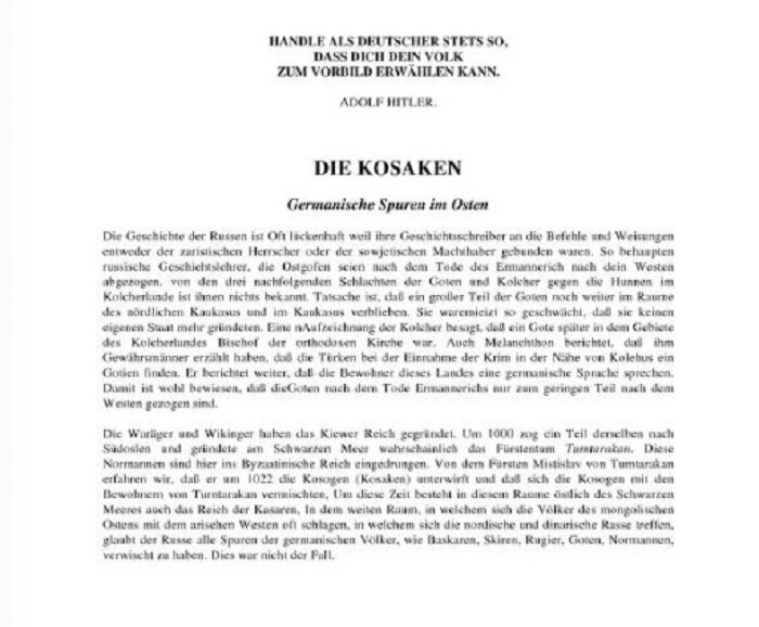 Статья «Казаки. Германские следы на Востоке» за авторством Адольфа Гитлера.