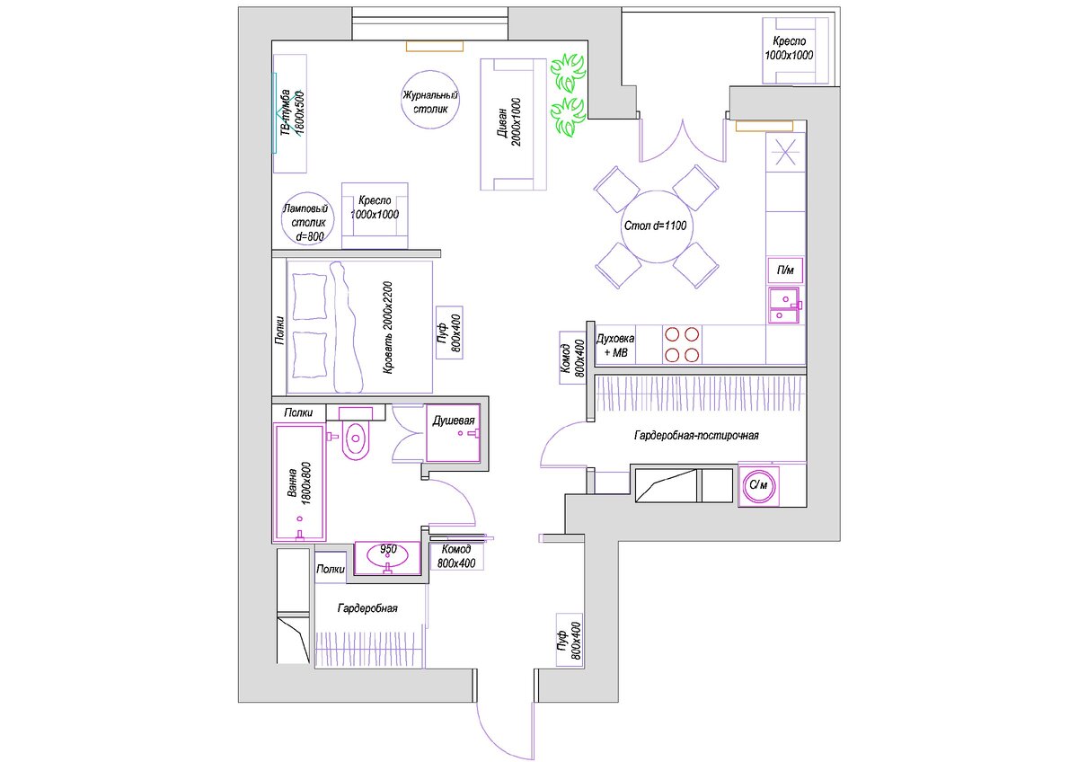 Планировка, вариант 1. С гардеробной, гардеробной-постирочной и круглым столом на кухне.