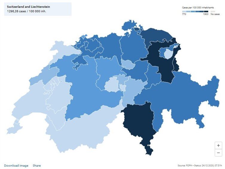 Количество случаев заражения на население кантона