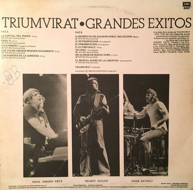 Задняя сторона конверта единственного винилового сборника Triumvirat, выпущенного в 1983 году в Аргентине 