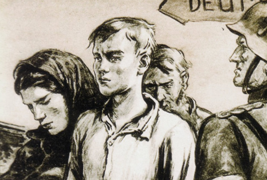 Фрагмент советского плаката «Боец, освобождай советских людей от немецкой каторги!» Л. Голованов, 1943 год Изображение: torturesru.com