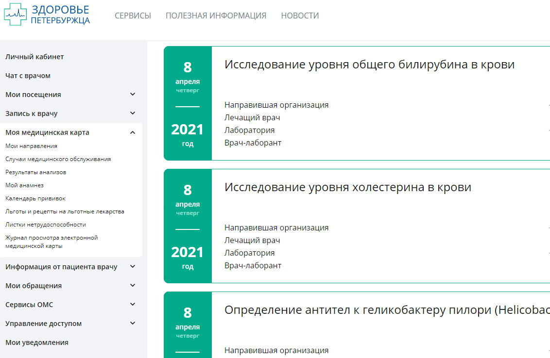 Здоровье петербуржца результаты анализов крови личный кабинет