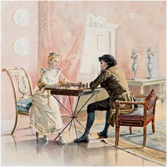 Ольга Ларина и Ленский играют в шахматы. Иллюстрация к роману «Евгений Онегин» художника Е. П. Самокиш-Судковской (1863-1924).