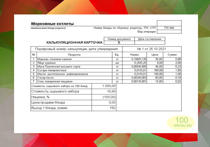 Калькуляция на морковные котлеты