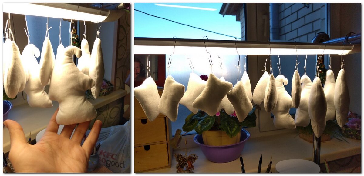 Чтоб не лежали у меня кучками и для дальнейшего обсыхания - сразу пришиваю петельку и развешиваю, чтоб видно было. Мне удобно - у меня лампа) Кто-то вешает на решетку от духовки)