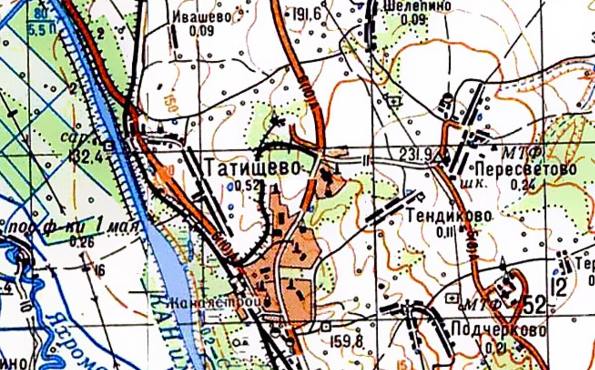 Подъездной путь от станции Каналстрой к Дмитровскому заводу ТПИ. Топографическая карта 1990-х годов.