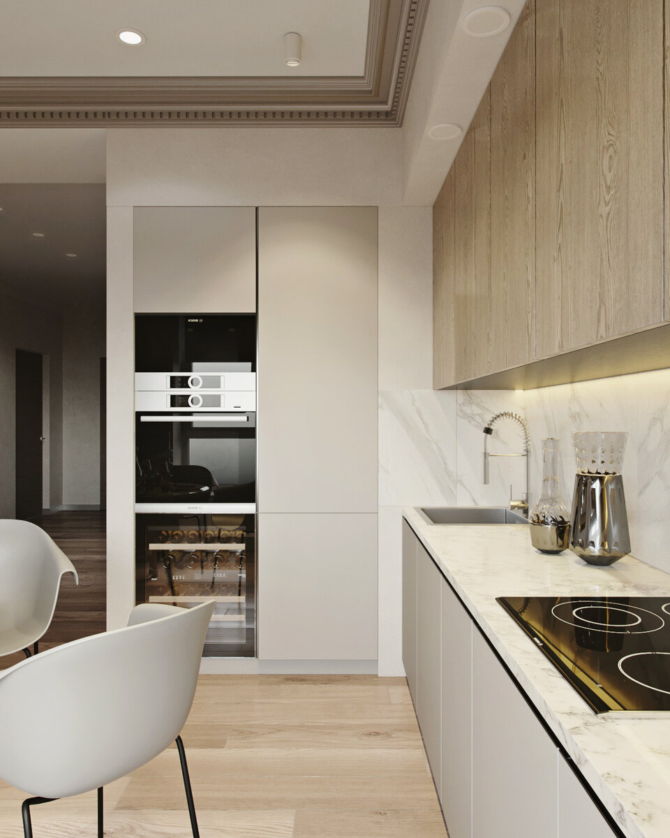 Кухонную технику лучше делать встроенную, чтобы она не занимала место в рабочем пространстве кухни. 