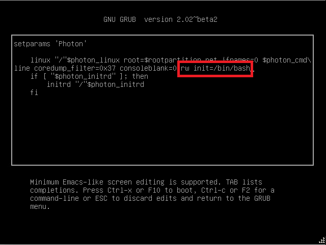 rw init=/bin/bash