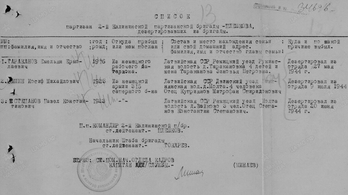 "Список партизан 2-й Калининской партизанской бригады Плешкова, дезертировавших из бригады". ОБД "Память народа".
