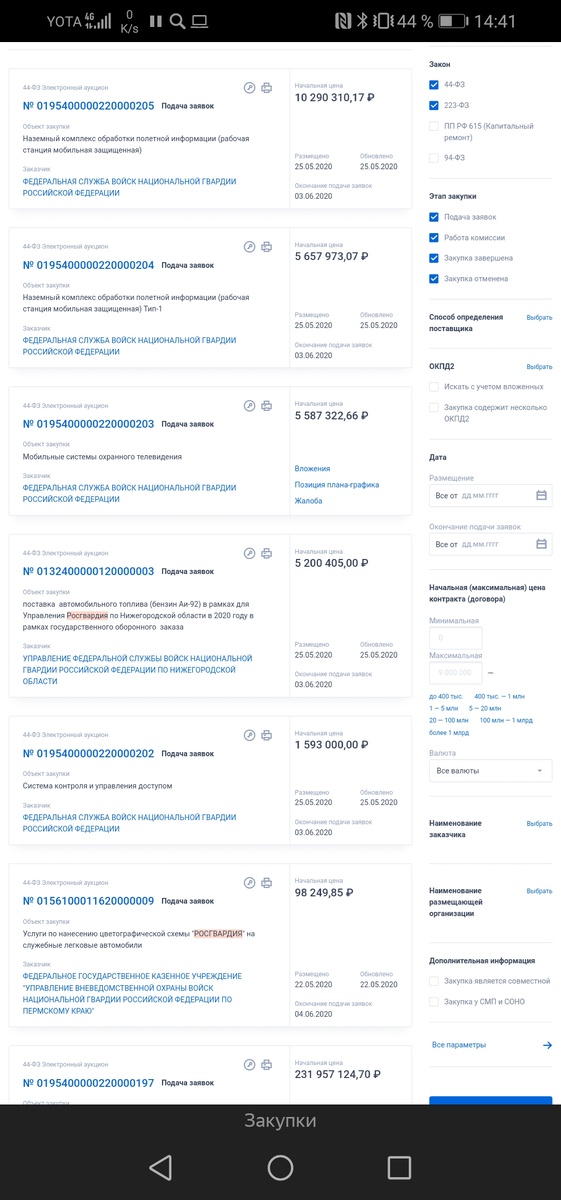 Госзакупки нацгвардии, в открытом доступе на сайте госзакупок