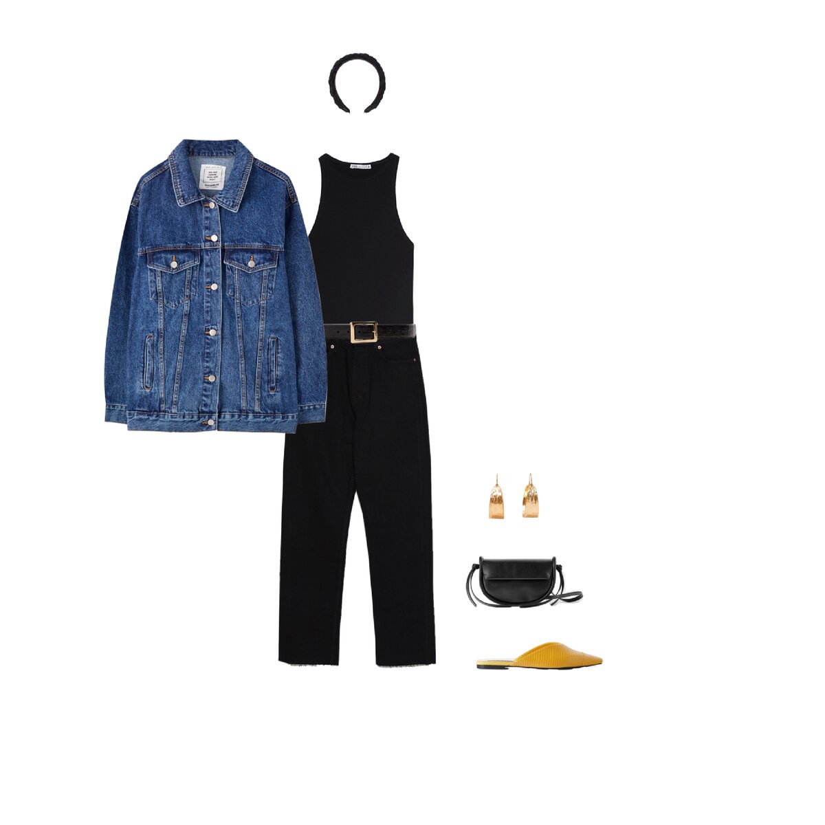 Джинсовка: 2 599 Pull&bear, Топ: 799 Zara, Джинсы: 2 999 Zara, Ремень: 2 299 Zara, Ободок: 1 299 Mango, Серьги: 1 299 Zara, Сумка: 1 999 Zara, Мюли: 1 599 Zara
