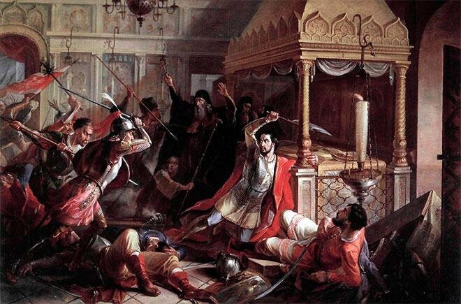 Битва русских войск под предводительством князя М.К. Волконского с войском второго Лжедмитрия, в 1610 году, в церкви Боровского Пафнутьева монастыря.