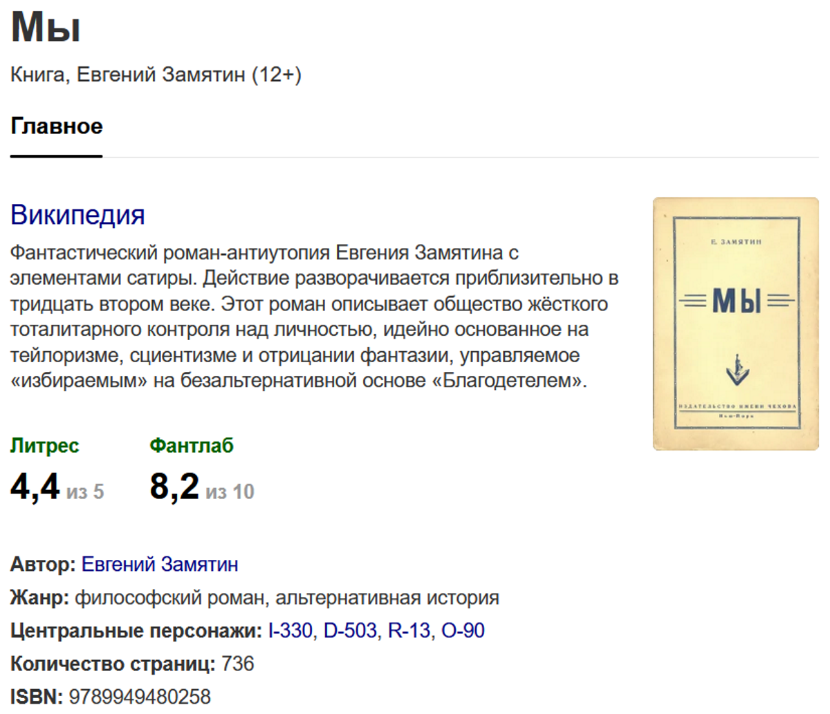 Потом Д.Оруэл сделал плагиат. Замятин написал в 1920 году.