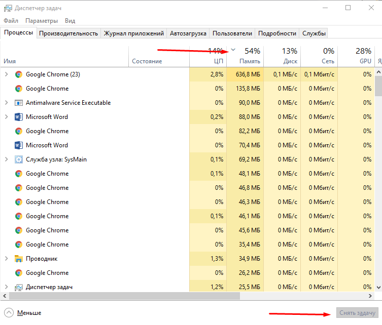Вот так я сортирую процессы, затем отключаю те, что не используются и потребляют при этом много ресурсов