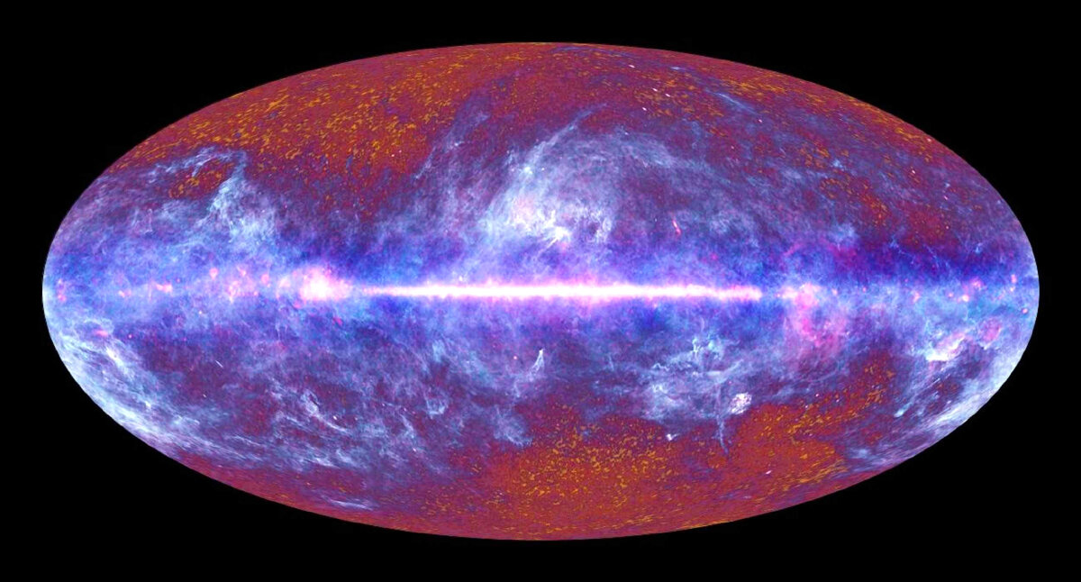 Многочастотное изображение, полученное космическим телескопом Planck, показывает галактику Млечный Путь (центральная полоса), окружённую другими галактиками и космическим микроволновым фоновым излучением. Фото: ESA