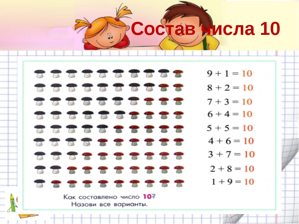 В числовом наборе 10 чисел. Состав числа 10. Составление чисел. Составление числа 10. Составляющие числа.