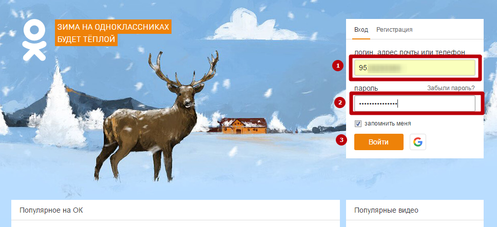 Страница входа на Одноклассники