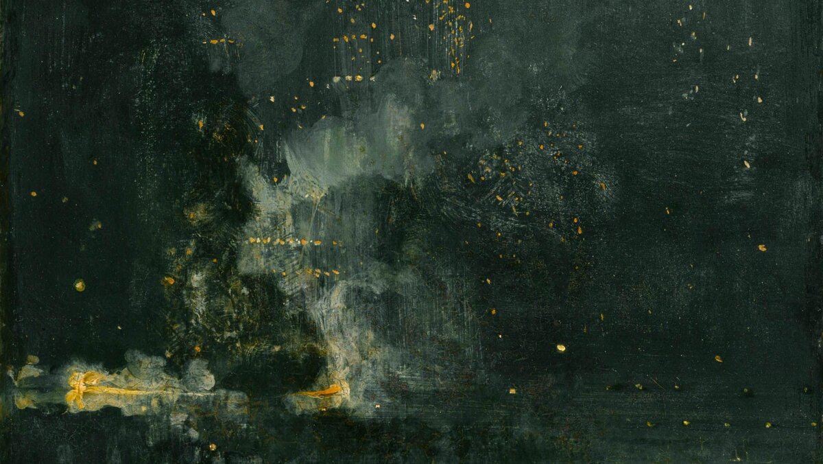 Фото:https://rossaprimavera.ru/static/files/9855500f.jpg Ноктюрн в черном и золотом. Падающая ракета Джеймс Эббот Макнейл Уистлер 1875, 60.3×46.6 см 