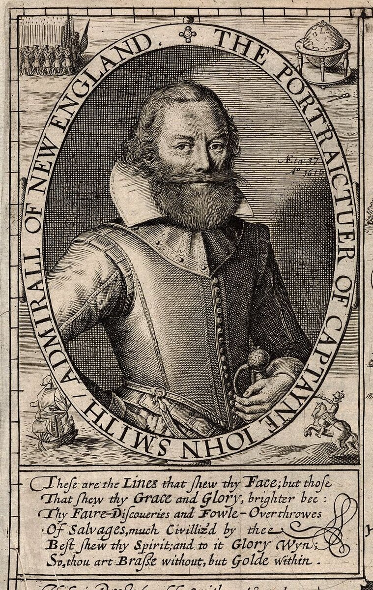 Detail of John Smith from an illustration in The Generall Historie of Virginia, New England, and the Summer Isles; with the names of the Adventurers, Planters, and Governours from their first beginning, Ano: 1584, to this present 1624. Engraver: John Barra