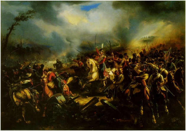 Картина «Атака лейб-казаков под Лейпцигом», автор Карл Рехлин, 1845 год. Изображение находится на веб-странице https://yandex.ru/search/?lr=21129&oprnd= 1415526027&text =«Битва%20народов»%20под%20Лейпцигом%20в%201813%20году%20.