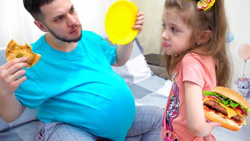 pretend play and Pizza challenge for dad . Funny sttory for children