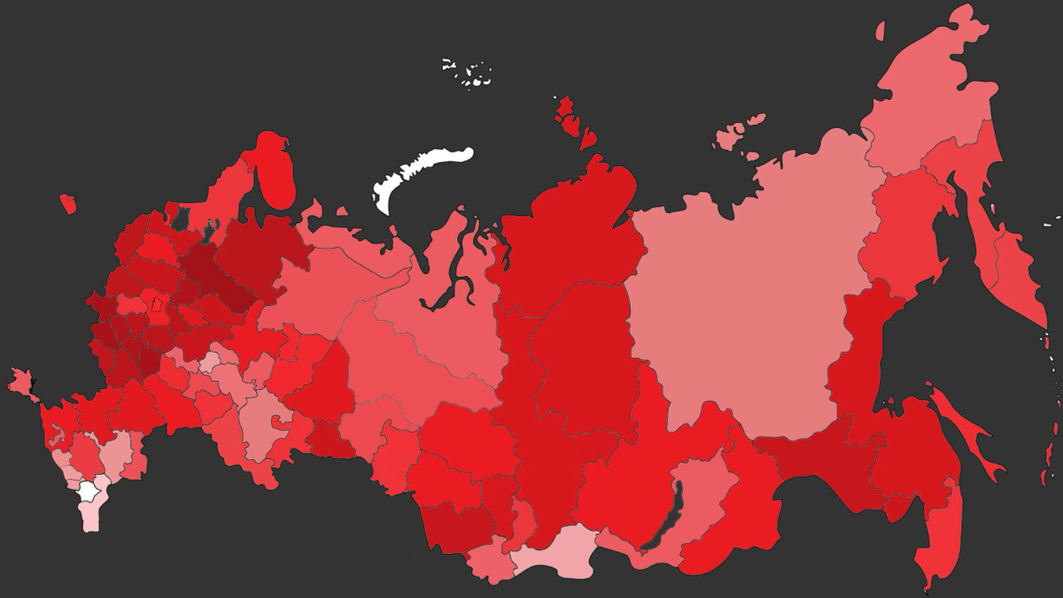 Доля русских в регионах России (более темными оттенками обозначены территории, где русских больше)