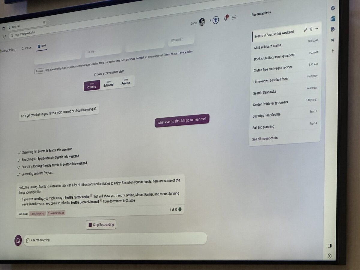 Результаты персонализированных ответов в чате Bing