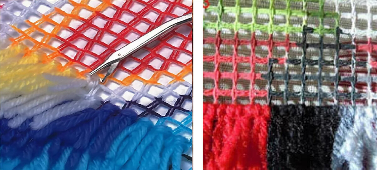 Из сетки и пряжи можно сделать очень красивый коврик: берем способ на заметку