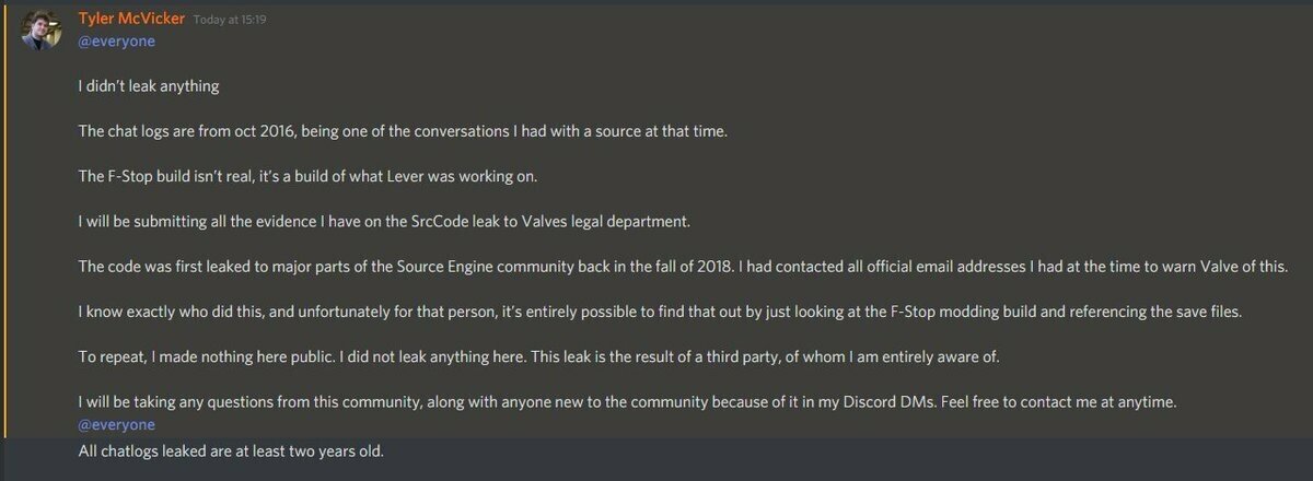 Скриншот с сервера Тайлера Маквикера в Discord, где он рассказал о своей непричастности к утечке исходных кодов CS: GO и Team Fortress 2