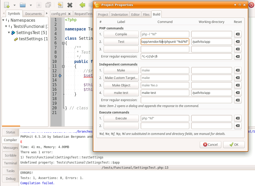 Настройка внешних команд для выполнения программы и тестов в Geany IDE