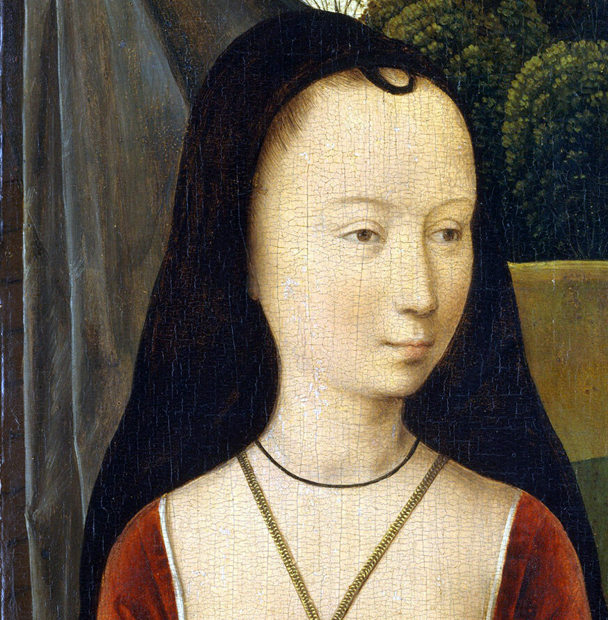 Ганс Мемлинг «Девушка с гвоздикой» фрагмент, левая панель из диптиха "Диптих с аллегорией настоящей любви и лошадьми». 1485—90. 