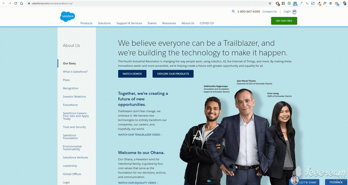 Saleforce предлагает пользователям изучить продукты или посмотреть демо. Источник: https://www.salesforce.com/company/about-us/