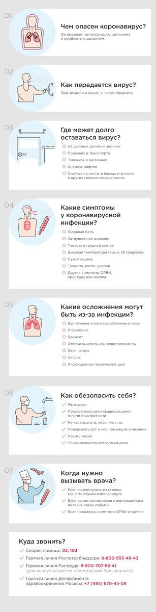 — При COVID-19 фиксируются три симптома, которые чаще всего проявляются вместе, что не характерно для других заболеваний. У зараженных наблюдается жар, сухой кашель и затрудненное дыхание. 
Кроме того, могут развиться боли в голове, мышцах и горле, а также утомление. Диарея при коронавирусе случается редко, хотя такие случаи также были зафиксированы. А вот насморка у зараженных нет, по громкому чиханию COVID-19 не выявишь.

Предупрежден — значит вооружен Коронавирус распространяется через капли, которые образуются, когда инфицированный человек кашляет или чихает. Кроме того, он может передаваться через загрязненные поверхности — например, дверные ручки. Всемирная организация здравоохранения настоятельно рекомендует соблюдать простые правила, которые могут уберечь от заражения:

— Регулярно мыть руки, желательно с мылом. Кроме того, можно проводить дезинфекцию спиртосодержащим средством.

— Соблюдать дистанцию в общественных местах – от людей стоит держаться на расстоянии как минимум 1 метр. Особенно, если они кашляют или проявляют другие признаки заболевания. В противном случае каждый рискует вдохнуть воздух, в котором будут содержаться мельчайшие капли, содержащие вирус.


— Не игнорировать медицинские маски, но и не скупать их тоннами. Эксперты советуют носить их в местах массового скопления людей. Некоторые маски эффективны один час, другие — четыре часа. Впрочем, они не герметичны, поэтому все равно пропускают вирус. Их целесообразней использовать инфицированным, чтобы не передать болезнь другим людям.

— Не трогать без необходимости руками глаза, нос и рот, ведь вирус с легкостью можно перенести с кожи рук в организм.

— Соблюдать правила респираторной гигиены – проще говоря, всегда прикрывать рот и нос салфеткой или сгибом локтя при кашле и чихании. После этого салфетку лучше сразу выкинуть, а руки помыть или обработать.

— При повышении температуры, появлении кашля и затруднении дыхания надо обратиться за медицинской помощью. В особенности эта рекомендация касается тех граждан, кто посещал эпицентры распространения COVID-19 или тесно общался с недавно вернувшимися из пораженных регионов.
Как защищается Россия — В столице действует режим повышенной готовности: 6 марта его ввел мэр Москвы Сергей Собянин. В частности это касается городских служб — здравоохранения, транспорта и городского хозяйства.

— В Москве запрещены все массовые мероприятия численностью более 50 человек — запрет активен до 10 апреля.

— Туристы, которые были в странах с неблагоприятной обстановкой, отправляются на карантин. В аэропортах Москвы работают медицинские посты, где фиксируют граждан, прибывающих из Китая, Ирана и Южной Кореи. Им выдаются постановления об изоляции и больничные, фиксируются контактные данные, берутся анализы на коронавирус.

Все, кто возвращается из стран с неблагоприятной ситуацией, обязаны сообщить о возвращении на специальную горячую линию по телефону: +7 (495) 870-45-09 (ежедневно, с 08:00 до 21:00). После этого их ждет двухнедельная самоизоляция.

— Нарушение режима карантина влечет уголовную ответственность --вплоть до лишения свободы на срок до пяти лет (статья 236 УК РФ). COVID-19 внесен в перечень заболеваний, представляющих опасность для окружающих (Постановление Правительства Р Ф от 31.01.2020 № 66). Соблюдение режима отслеживается с помощью видеонаблюдения.

— Из России нельзя летать в страны Евросоюза, Швейцарию и Норвегию. С 16 марта регулярное авиасообщение ограничено, кроме регулярных рейсов из Москвы в столицы и обратно. В ЕС уже заявили, что не будут впускать в страны тех, кто летит не по неотложным делам. 

— Россия с 18 марта по 1 мая закроет въезд для иностранцев и лиц без гражданства. Ограничения не будут применяться в отношении водителей грузовиков, дипломатов и постоянно проживающих в России лиц.